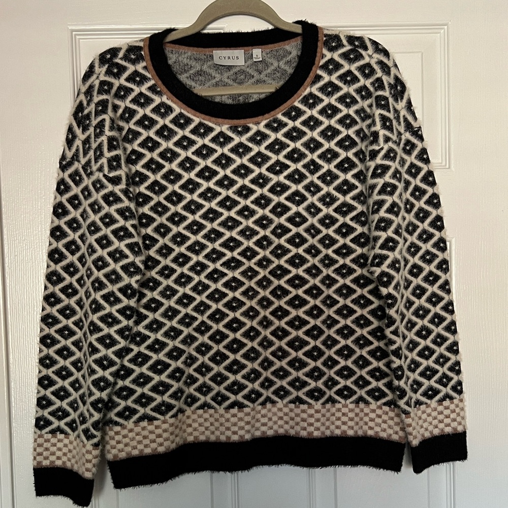 Cyrus Black and Cream Geometric Crewneck Sweater